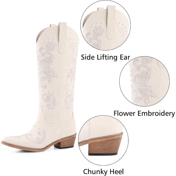 Women White Faux Leather Knee High Classic Embroidered Slip On Chunky Heel - Picture 2 of 7